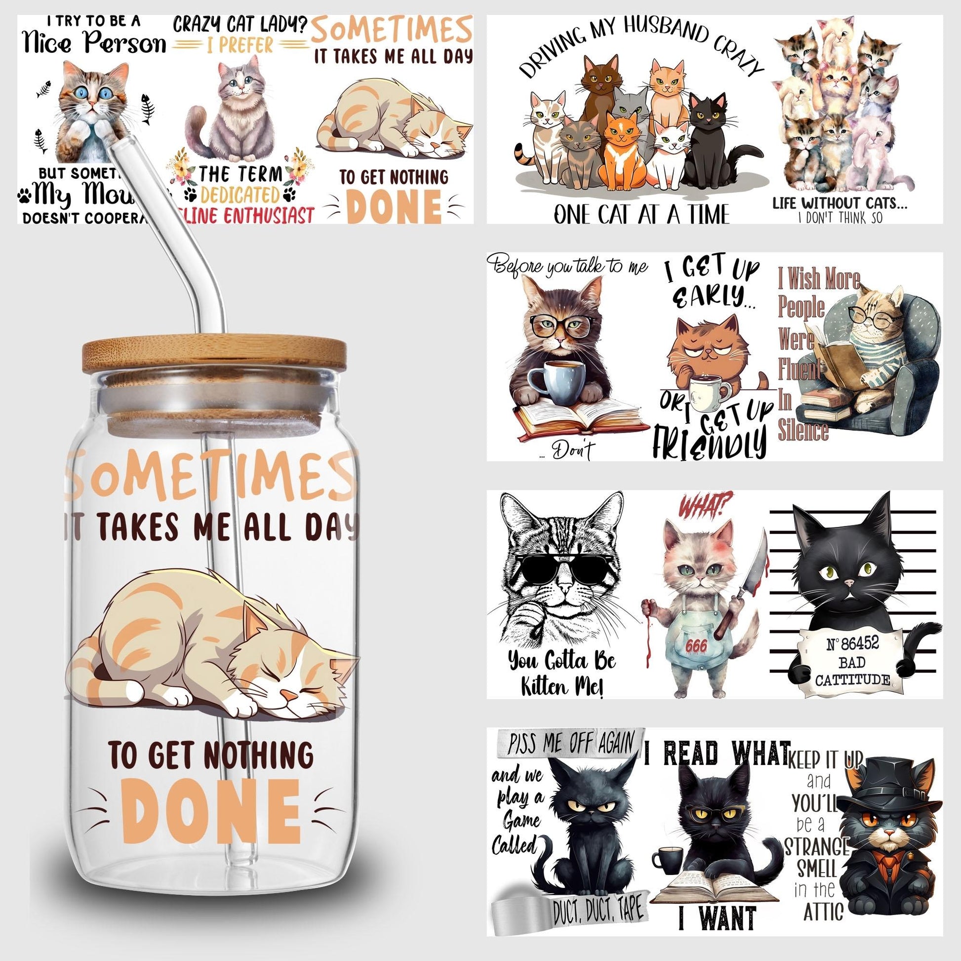 5 Sheets Cat UV DTF Cup Wrap,Sport DTF Transfer Stickers for Glass Cup,Waterproof funny animal Rub on Transfers for 16 oz Glass,Mugs,Crafts,Furnitures