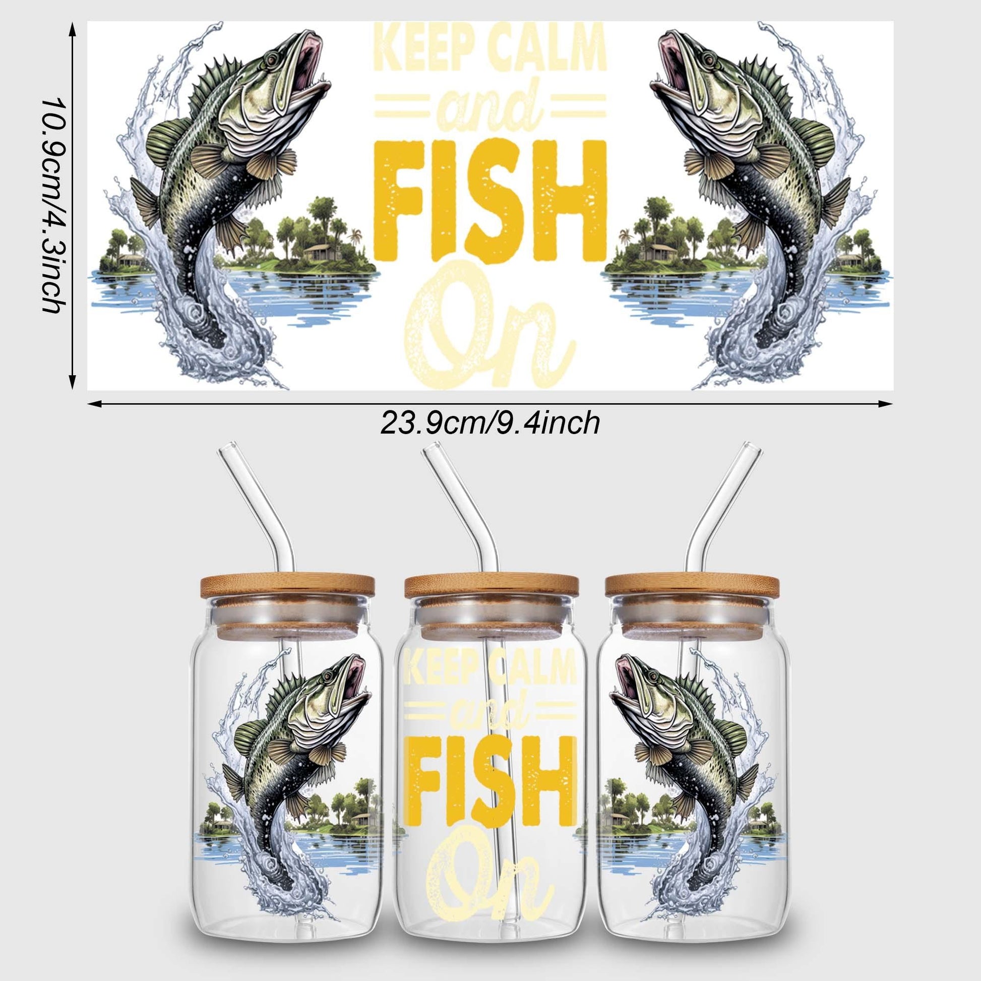 5 sheets of fishing UV DTF cup holder 16 oz, DTF cup holder transfer glass, water bottle waterproof sticker, friction transfer sticker, DIY