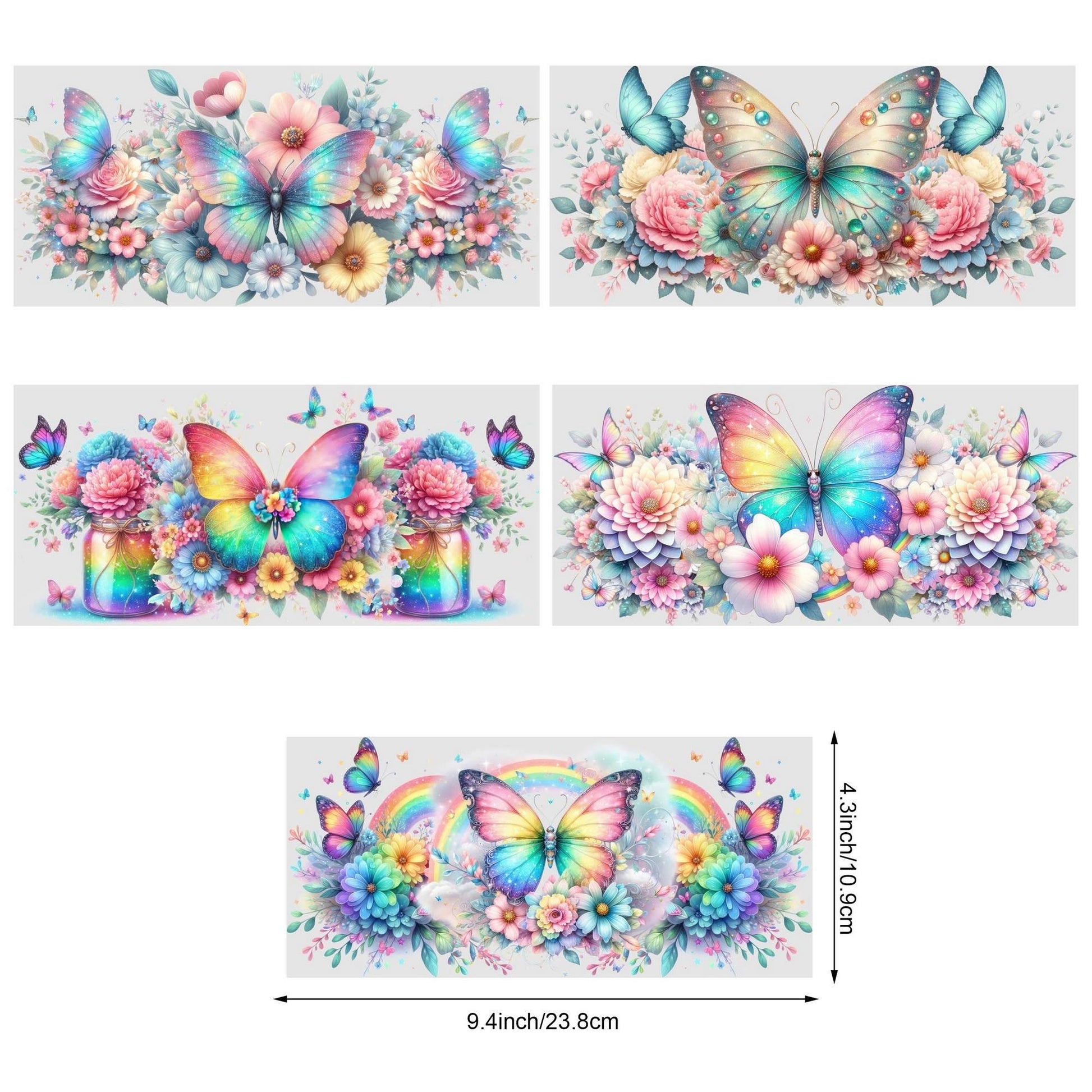 5 Sheets Butterfly UV DTF Glass Cup Wrap Transfer Stickers, DTF Transfer Stickers, Waterproof Wipe-Off Transfer