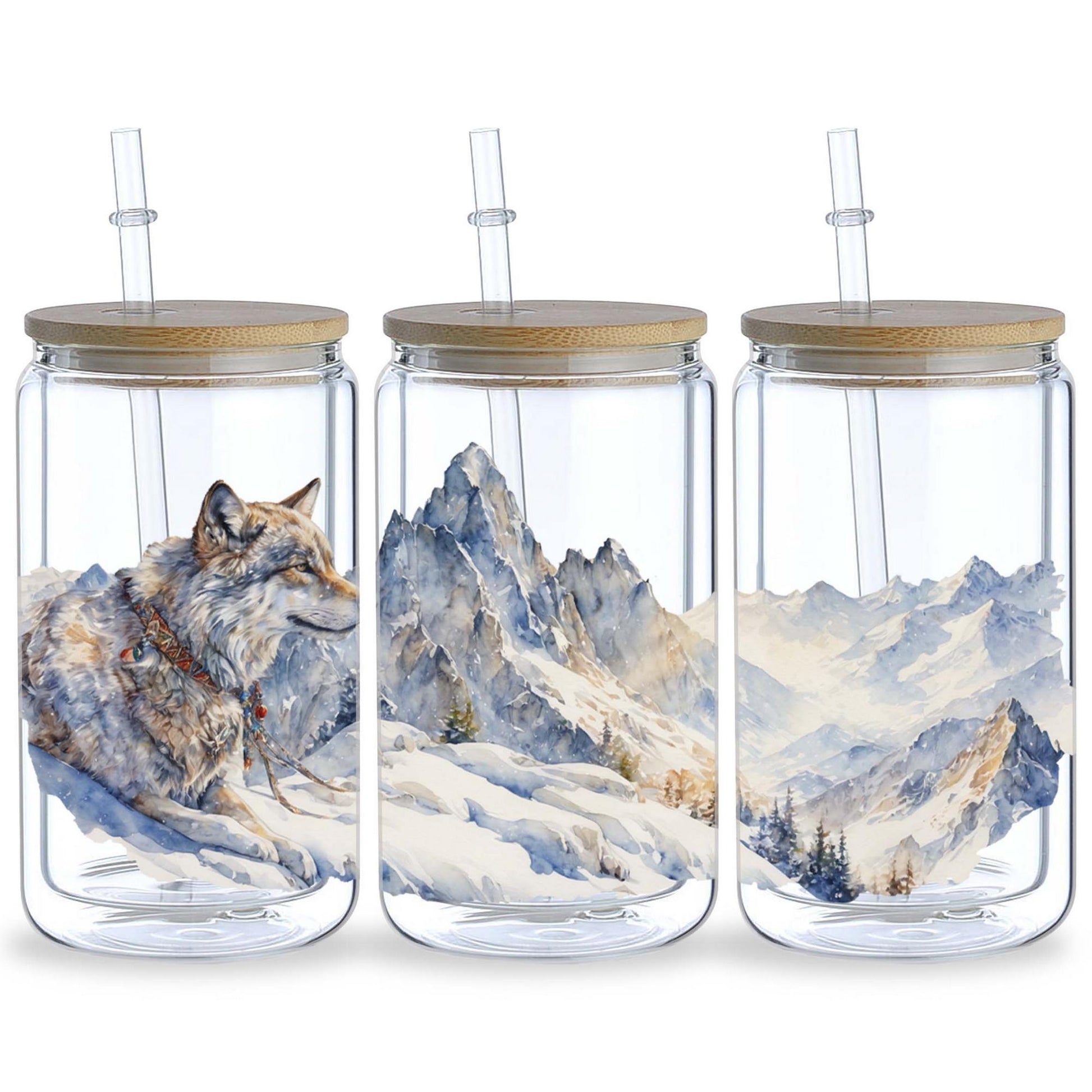 5pcs Wolf-Themed UV DTF Transfer Stickers for 16oz Glass Cups - Waterproof, Scratch-Resistant DIY Decals Featuring Snowy Landscape and Wildlife, Ideal for Home, School, and Craft Projects