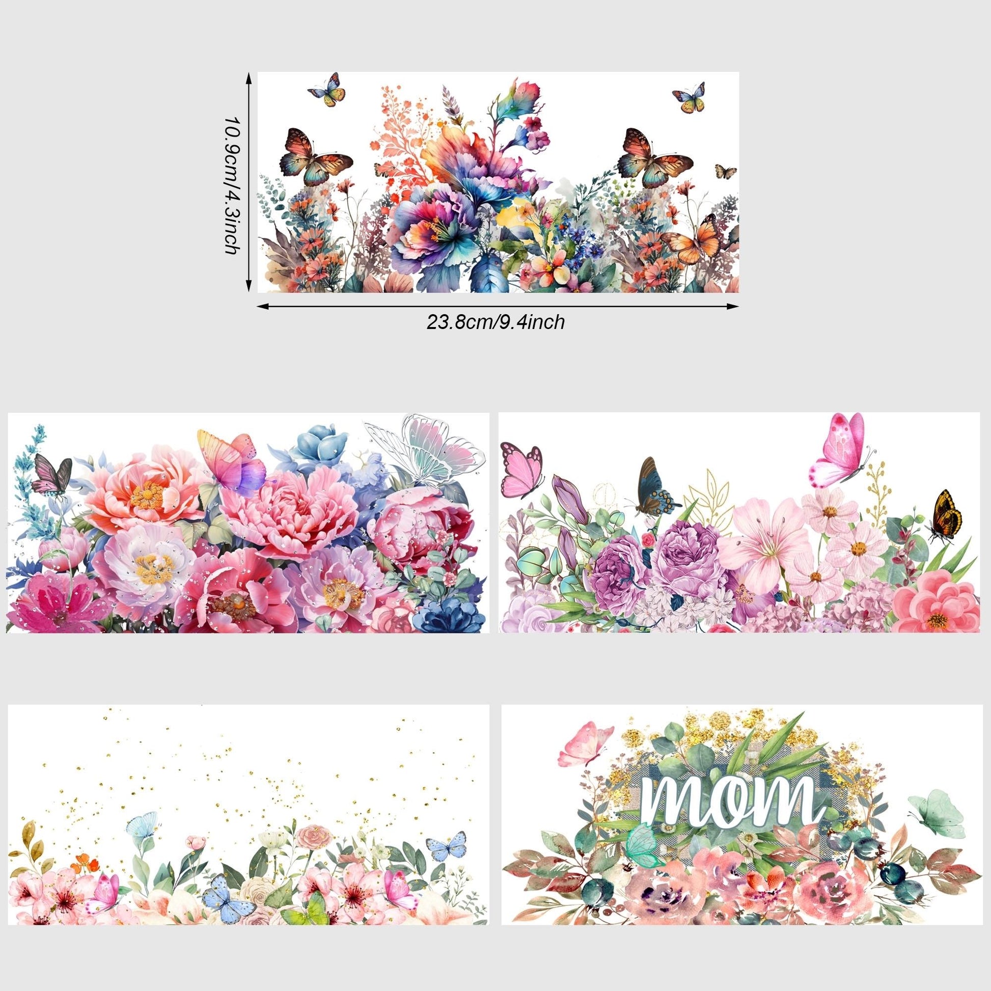 5sheets Butterfly And Flower UV Waterproof Self-Adhesive Paper For Cups And Water Bottle Stickers, DTF Grade Stickers For 16 Oz Glass