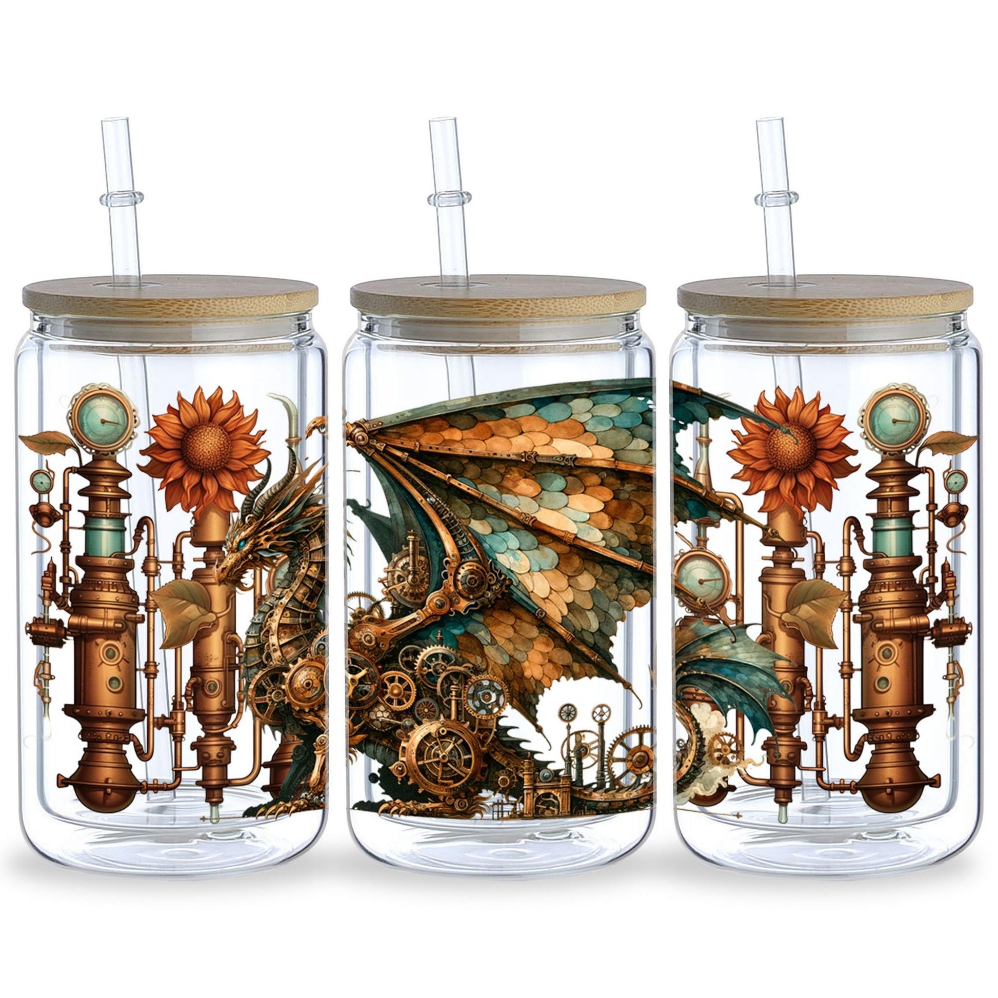5 Sheets Steampunk UV DTF Cup Stickers 16 oz, DTF Friction Transfer Stickers, Waterproof Steampunk Butterfly, Dragon Stickers for DIY, Furniture, Crafts