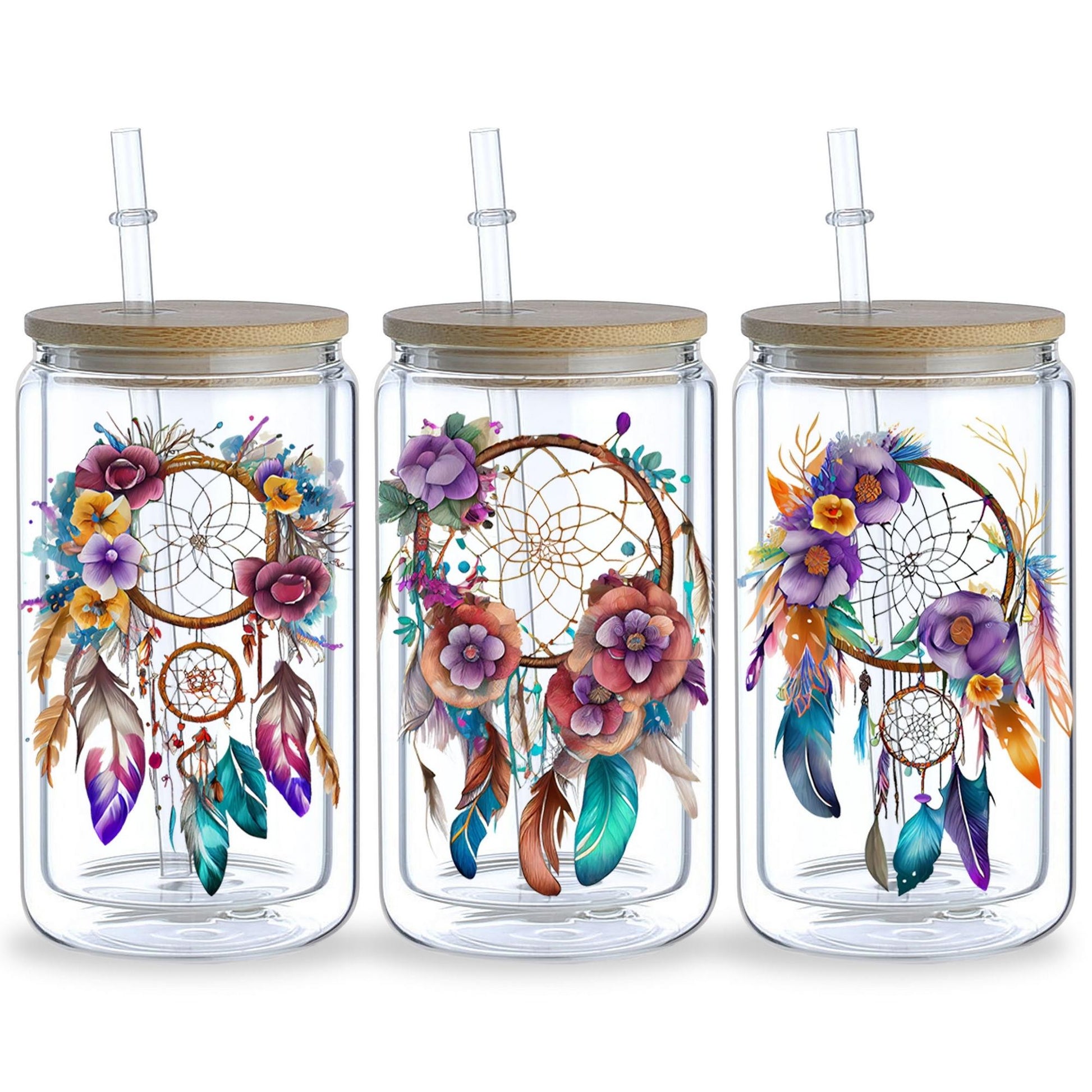 5 sheets Feathers Bohemian Dream Catcher UV DTF Cup Stickers, Glass Sports DTF Transfer Stickers, Waterproof Wipe-On Transfer Film for 16 oz Glass, Mugs, Crafts, Furniture