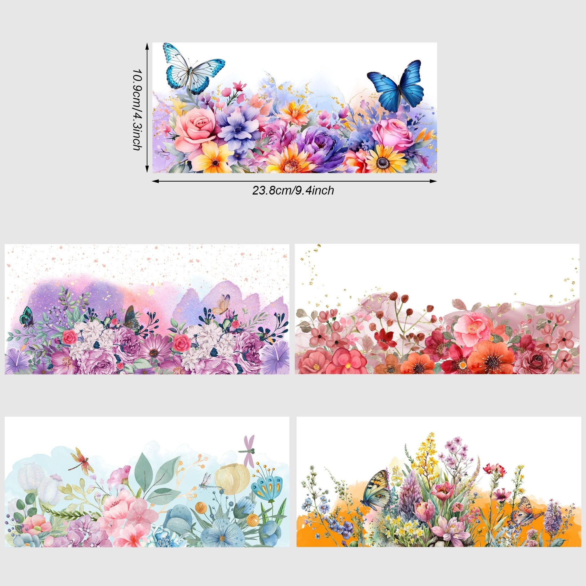 5 Sheets Butterfly and Flowers UV DTF Cup Stickers, Glass Sport DTF Transfer Stickers, Waterproof Plant Wipe Transfer Paper for 16 oz Glass, Mugs, Crafts, Furniture