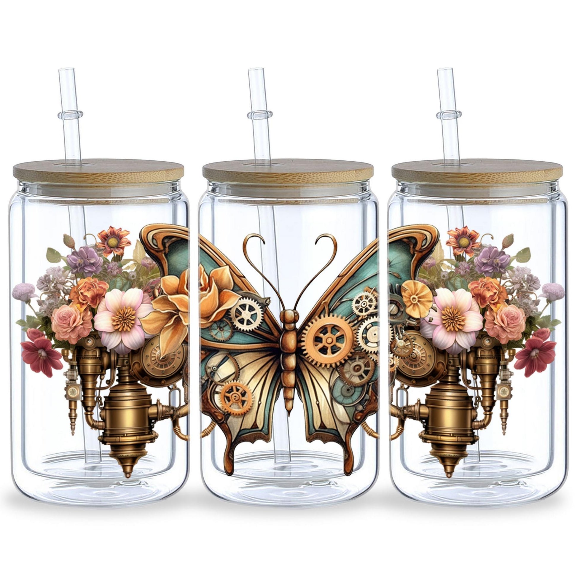 5 Sheets Steampunk UV DTF Cup Stickers 16 oz, DTF Friction Transfer Stickers, Waterproof Steampunk Butterfly, Dragon Stickers for DIY, Furniture, Crafts