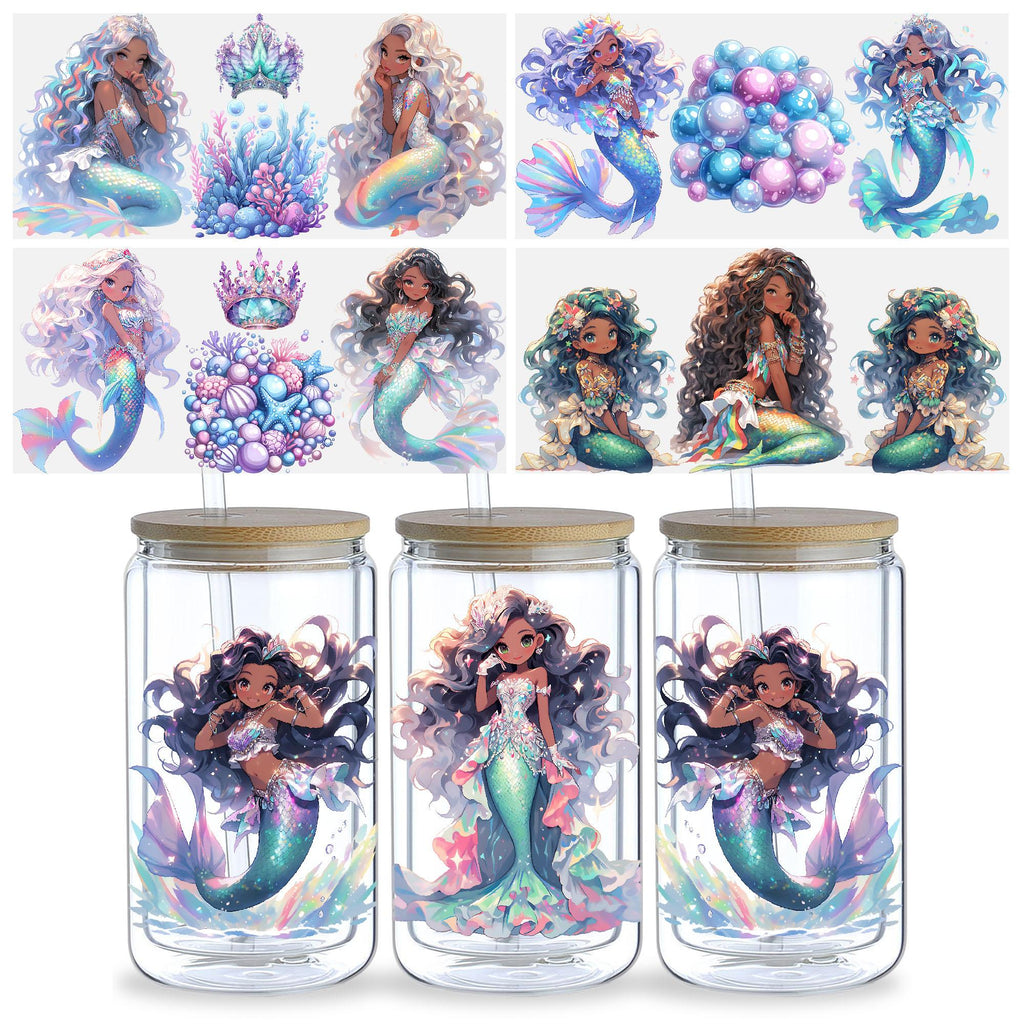 5 Sheets Mermaid UV DTF Cup Sleeve 16oz, DTF Cup Sleeve Transfer Glass, Water Bottle Waterproof Sticker, Friction Transfer Sticker, Furniture Crafts