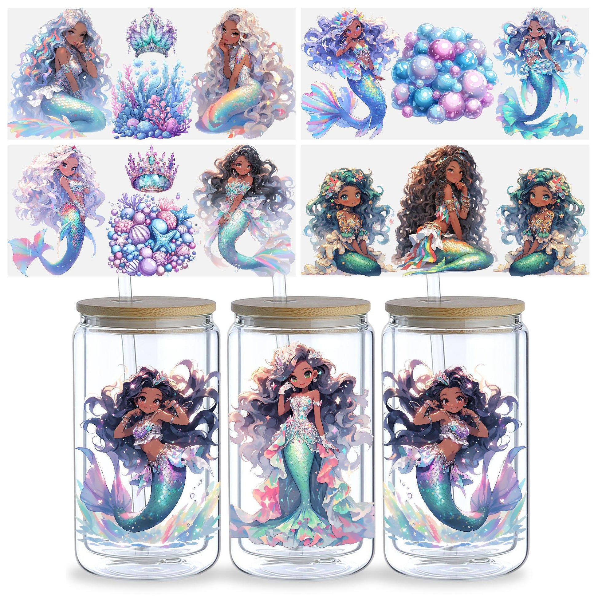5 Sheets Mermaid UV DTF Cup Sleeve 16oz, DTF Cup Sleeve Transfer Glass, Water Bottle Waterproof Sticker, Friction Transfer Sticker, Furniture Crafts
