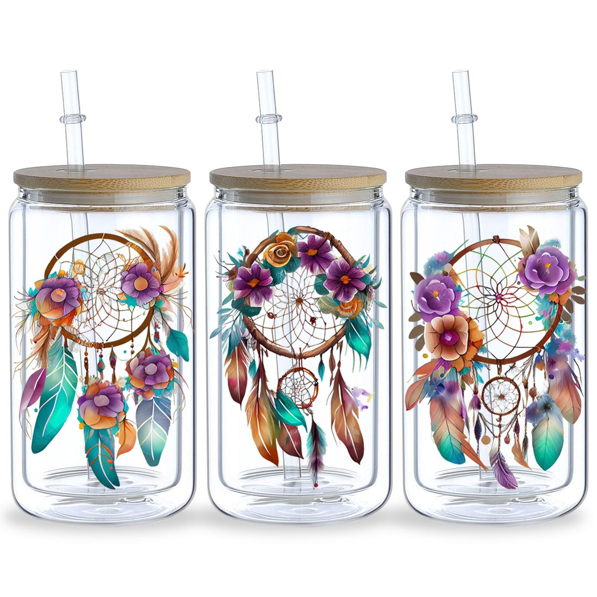 5 sheets Feathers Bohemian Dream Catcher UV DTF Cup Stickers, Glass Sports DTF Transfer Stickers, Waterproof Wipe-On Transfer Film for 16 oz Glass, Mugs, Crafts, Furniture