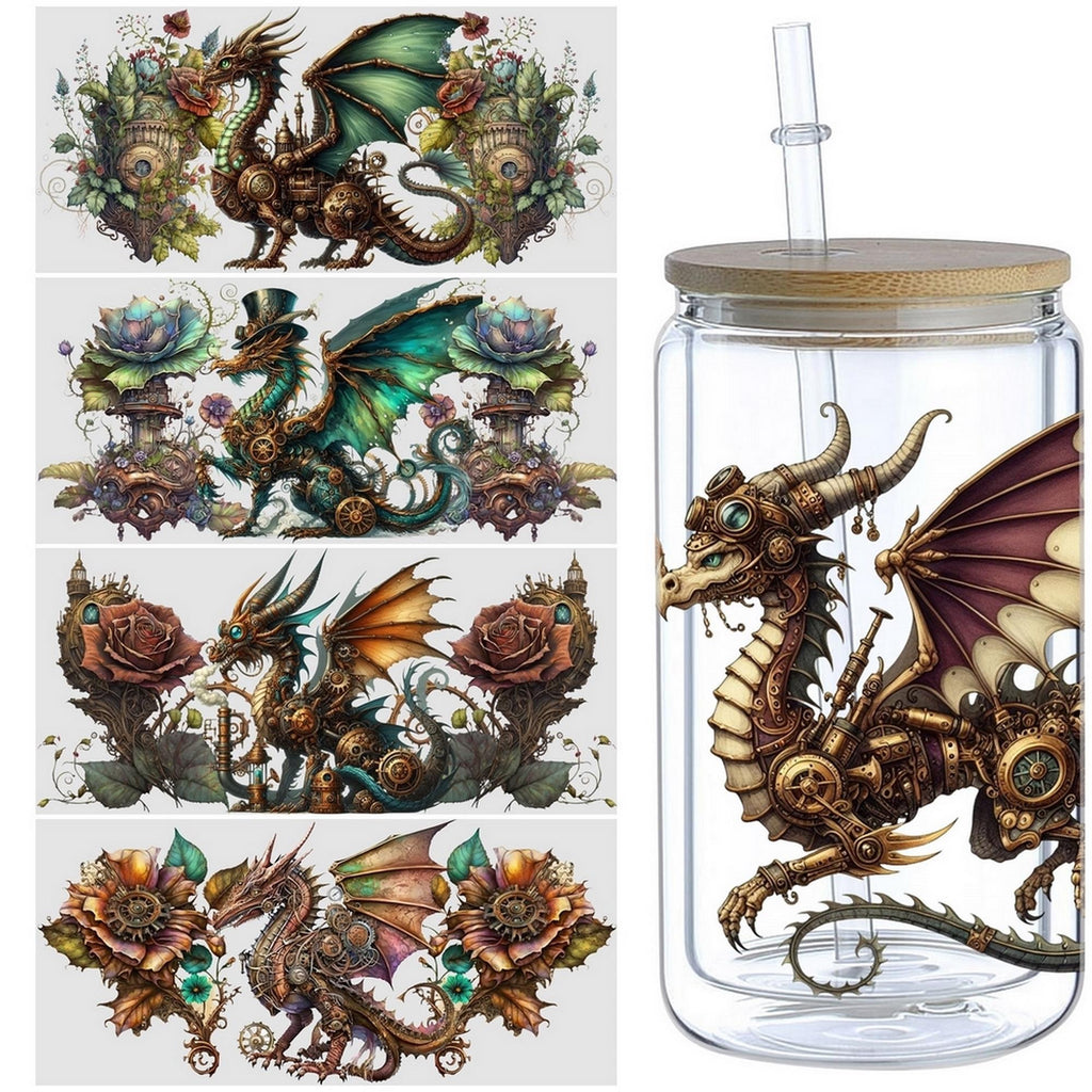 5sheets Steampunk Dragon Pattern UV DTF Cup Stickers, Waterproof Sticker Pack For Decorating Mugs, Cups, Bottles, School Supplies, Etc, Arts Crafts, DIY Art Supplies
