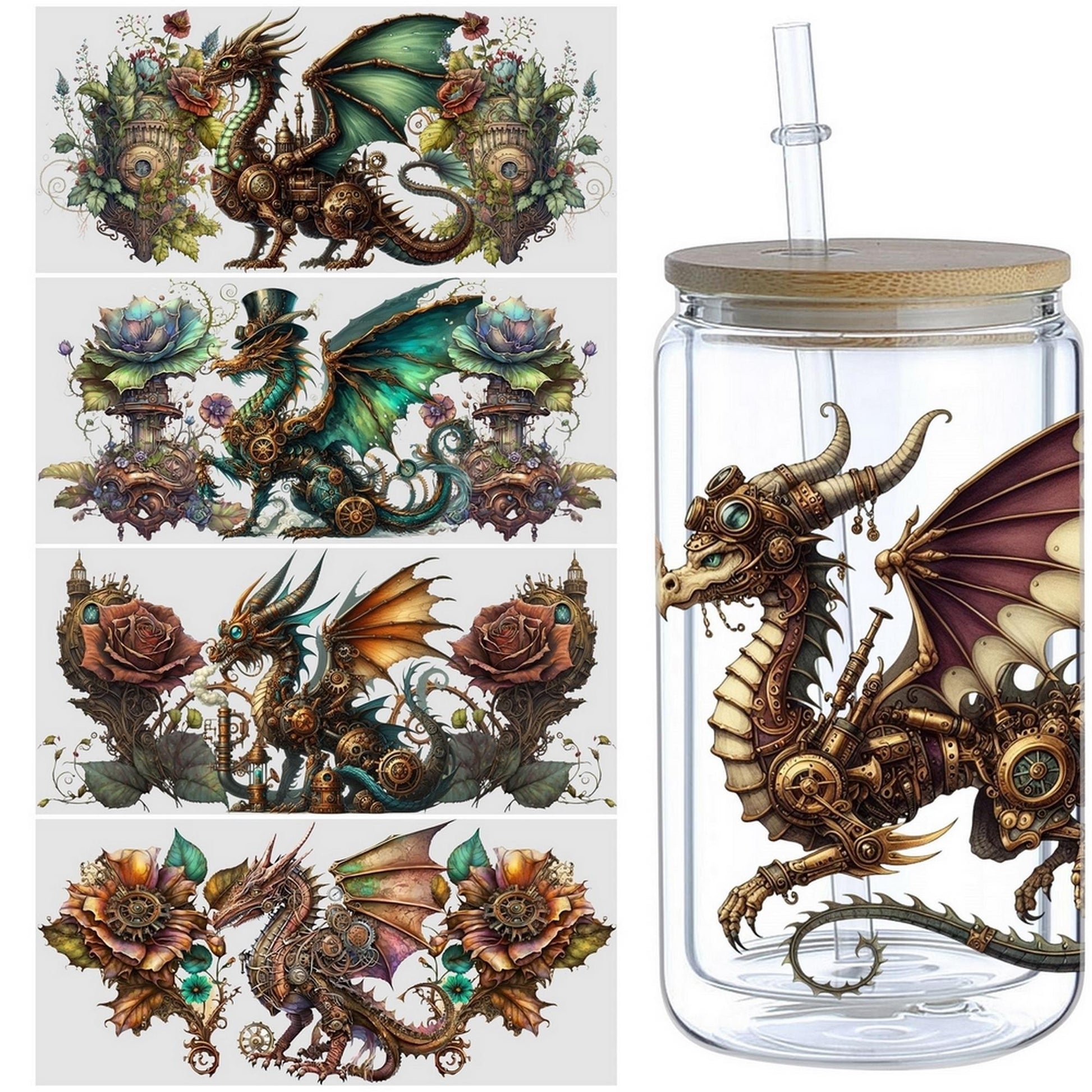 5sheets Steampunk Dragon Pattern UV DTF Cup Stickers, Waterproof Sticker Pack For Decorating Mugs, Cups, Bottles, School Supplies, Etc, Arts Crafts, DIY Art Supplies