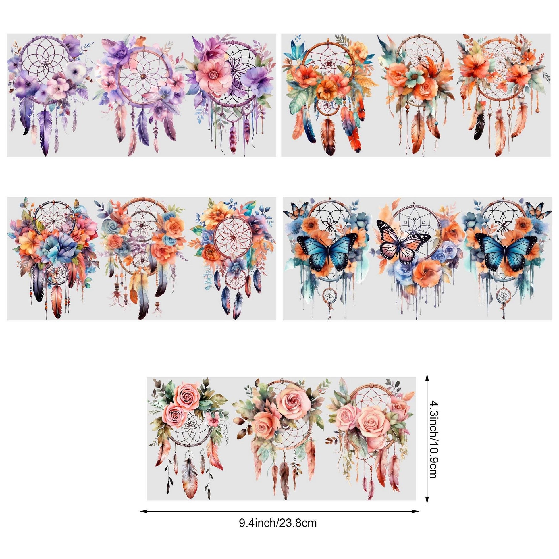 5 sheets Feathers Bohemian Dream Catcher UV DTF Cup Stickers, Glass Sports DTF Transfer Stickers, Waterproof Wipe-On Transfer Film for 16 oz Glass, Mugs, Crafts, Furniture