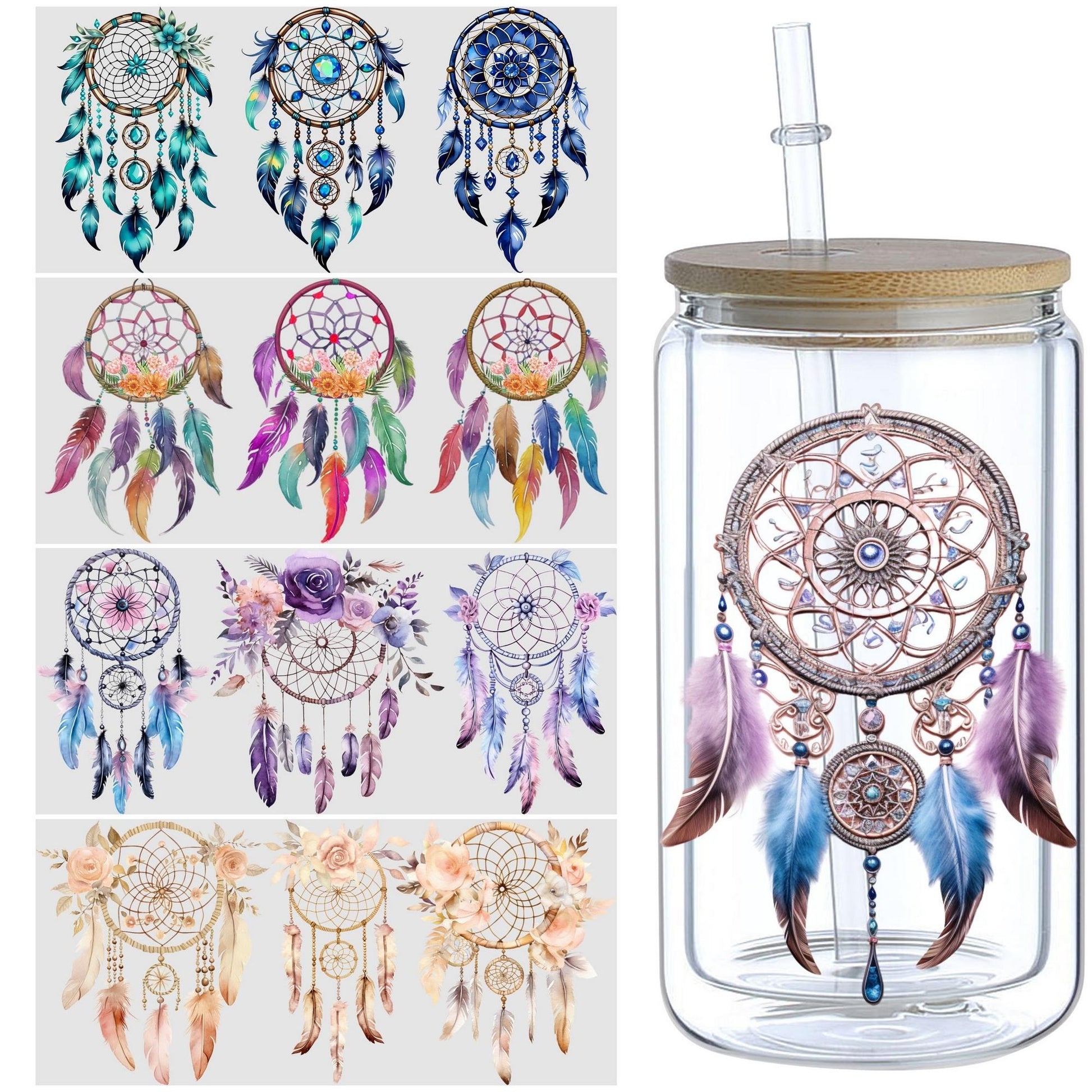 5 sheets Feathers Bohemian Dream Catcher UV DTF Cup Stickers, Glass Sports DTF Transfer Stickers, Waterproof Wipe-On Transfer Film for 16 oz Glass, Mugs, Crafts, Furniture