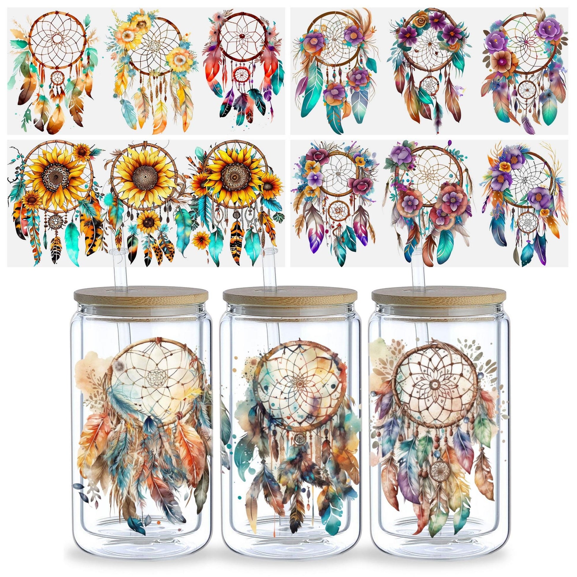 5 sheets Feathers Bohemian Dream Catcher UV DTF Cup Stickers, Glass Sports DTF Transfer Stickers, Waterproof Wipe-On Transfer Film for 16 oz Glass, Mugs, Crafts, Furniture