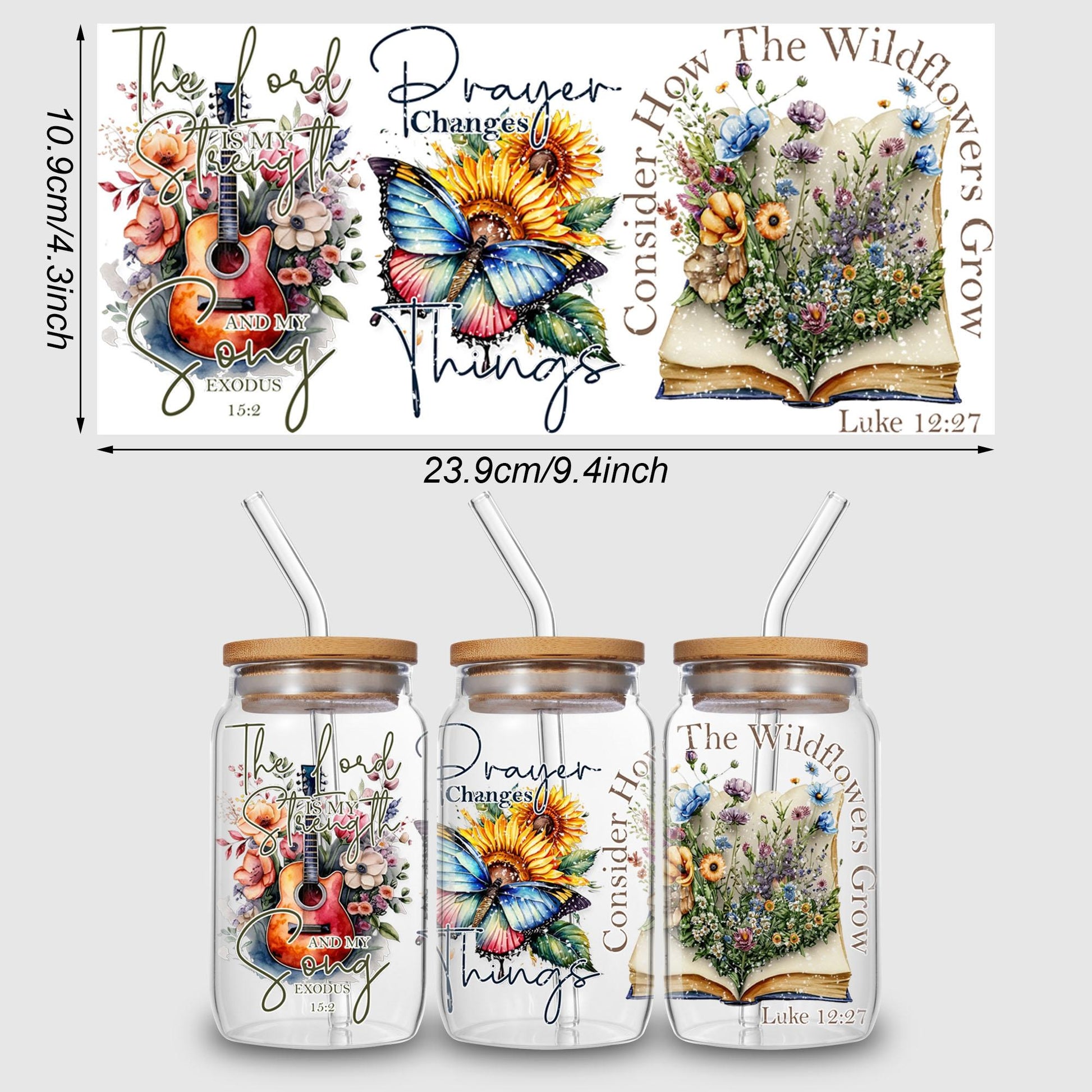 5 sheets Inspiring UV DTF Cup Stickers, Glass Sport DTF Transfer Stickers, Waterproof Plant Wipe Transfer Paper for 16oz Glass, Mug, Crafts, Furniture