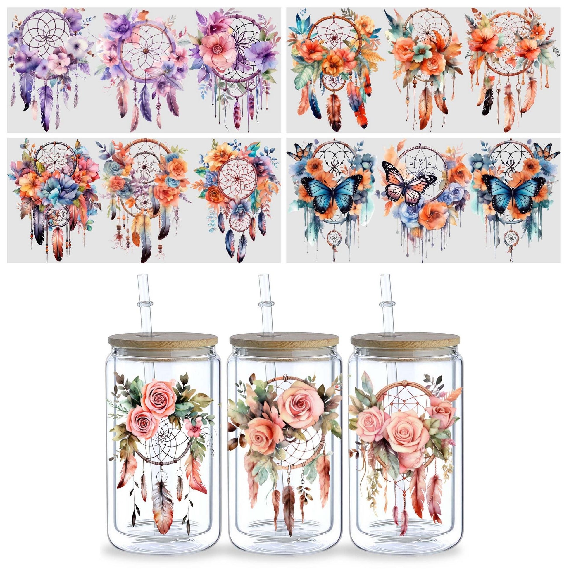5 sheets Feathers Bohemian Dream Catcher UV DTF Cup Stickers, Glass Sports DTF Transfer Stickers, Waterproof Wipe-On Transfer Film for 16 oz Glass, Mugs, Crafts, Furniture
