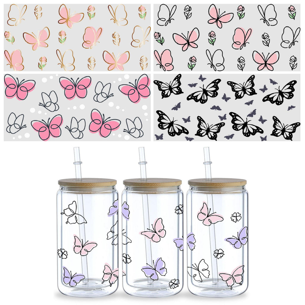 UV DTF Glass Tumbler Packaging Transfer Stickers, 5sheep Butterfly Wipe Transfer Stickers for Handmade, UV DTF Transfer Waterproof Stickers for 16OZ Glass Tumbler Furniture Craft Wooden DIY Crafts