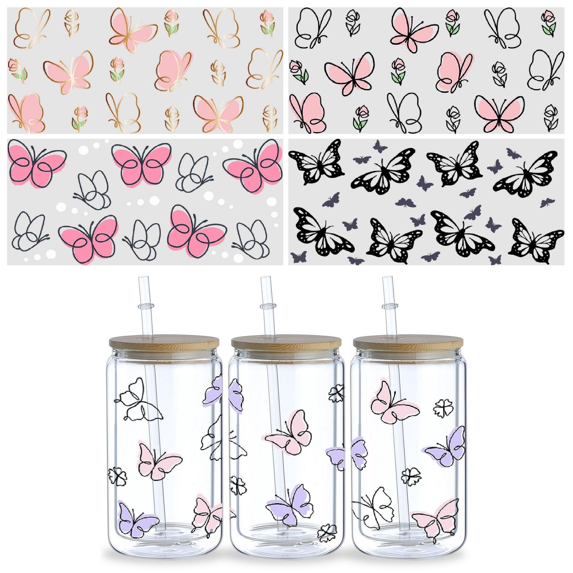 UV DTF Glass Tumbler Packaging Transfer Stickers, 5sheep Butterfly Wipe Transfer Stickers for Handmade, UV DTF Transfer Waterproof Stickers for 16OZ Glass Tumbler Furniture Craft Wooden DIY Crafts