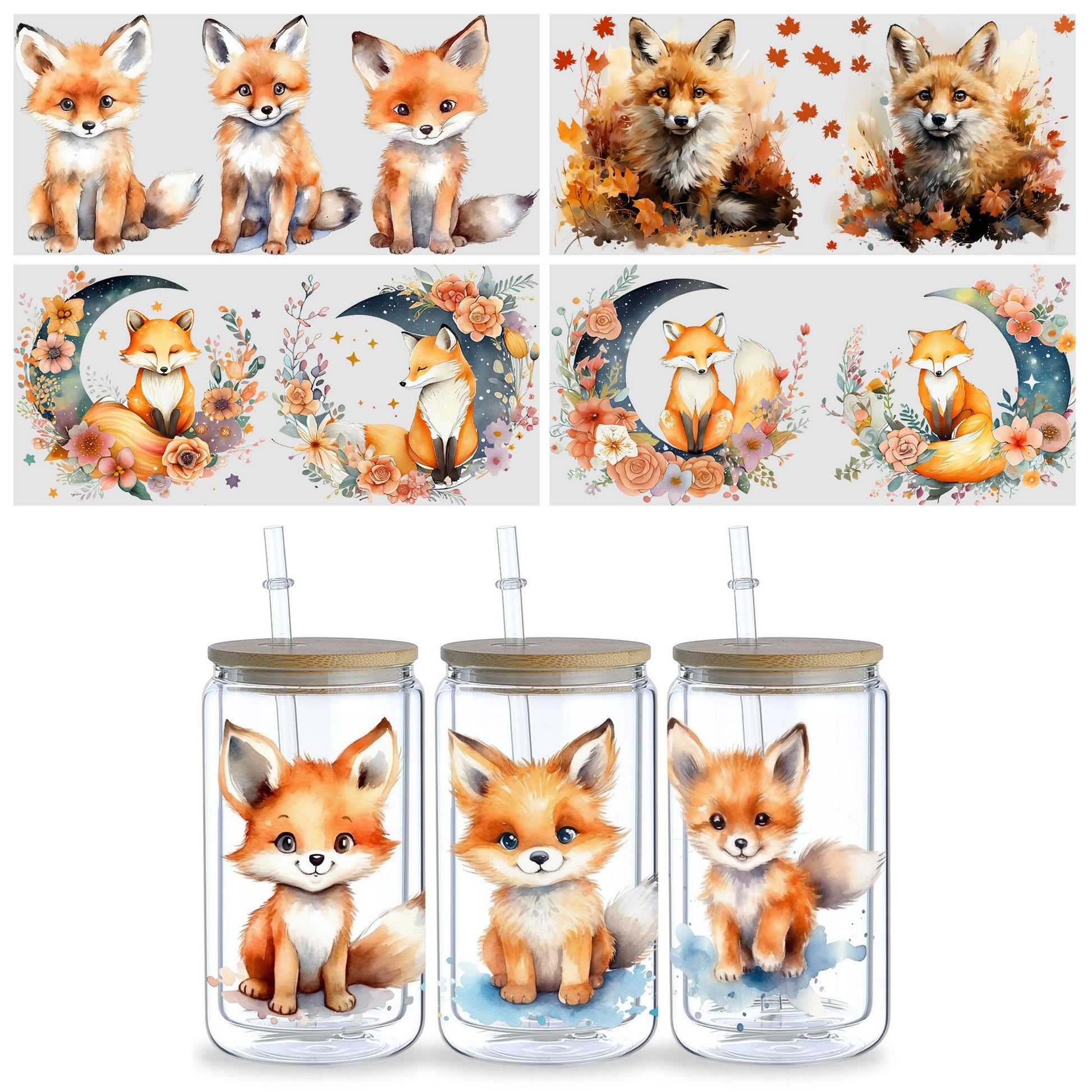5 Sheets Fox UV DTF Mug Stickers, Glass Sports DTF Transfer Stickers, Waterproof Cute Fox Wipe-On Transfers for 16 oz Glass, Mugs, Crafts, Furniture
