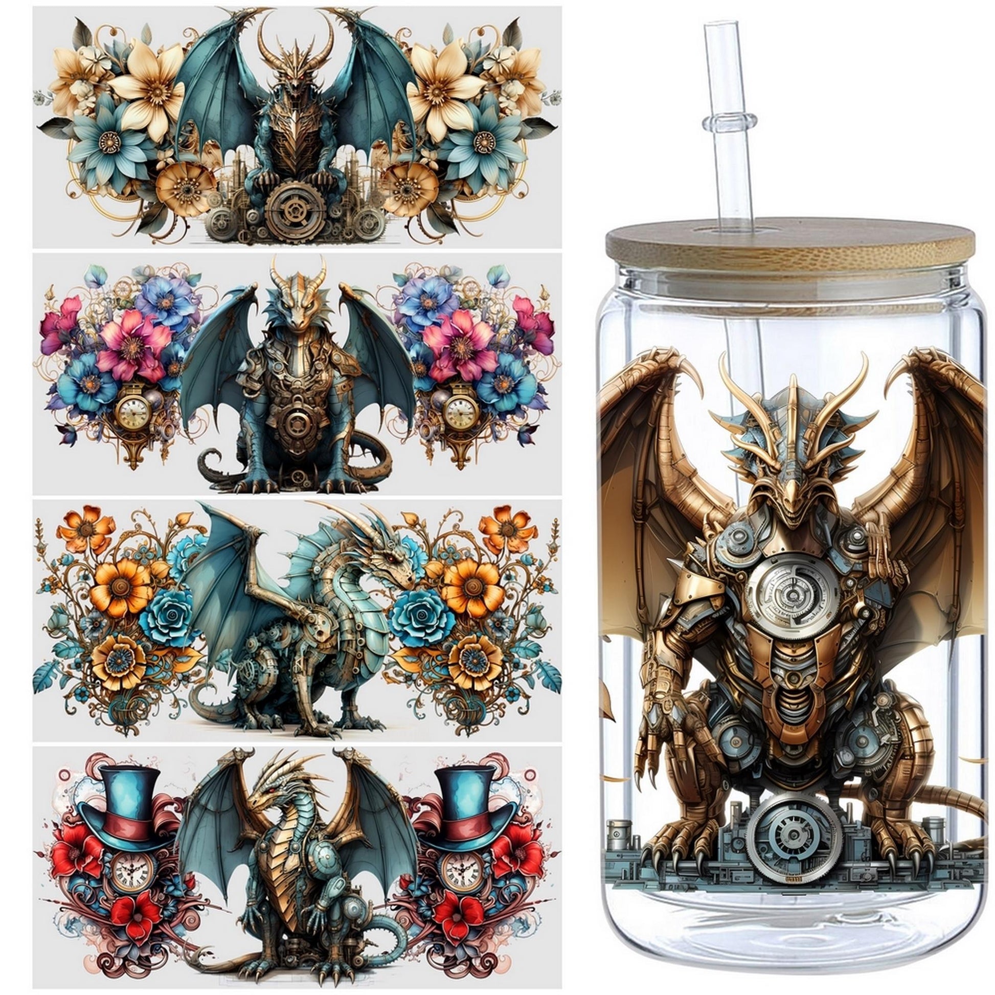 5sheets Steampunk Dragon Pattern UV DTF Cup Stickers, Waterproof Sticker Pack For Decorating Mugs, Cups, Bottles, School Supplies, Etc, Arts Crafts, DIY Art Supplies