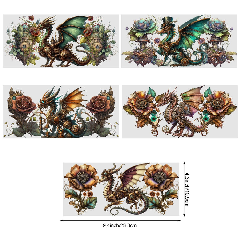 5sheets Steampunk Dragon Pattern UV DTF Cup Stickers, Waterproof Sticker Pack For Decorating Mugs, Cups, Bottles, School Supplies, Etc, Arts Crafts, DIY Art Supplies