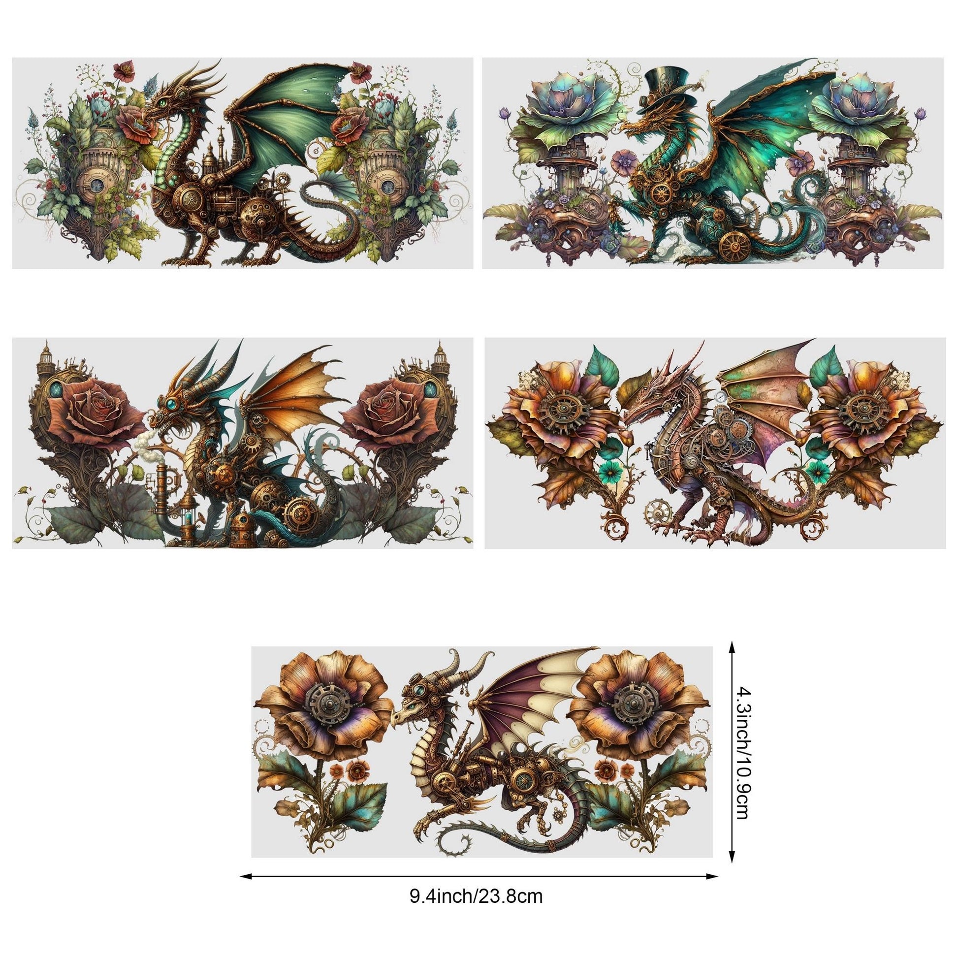 5sheets Steampunk Dragon Pattern UV DTF Cup Stickers, Waterproof Sticker Pack For Decorating Mugs, Cups, Bottles, School Supplies, Etc, Arts Crafts, DIY Art Supplies
