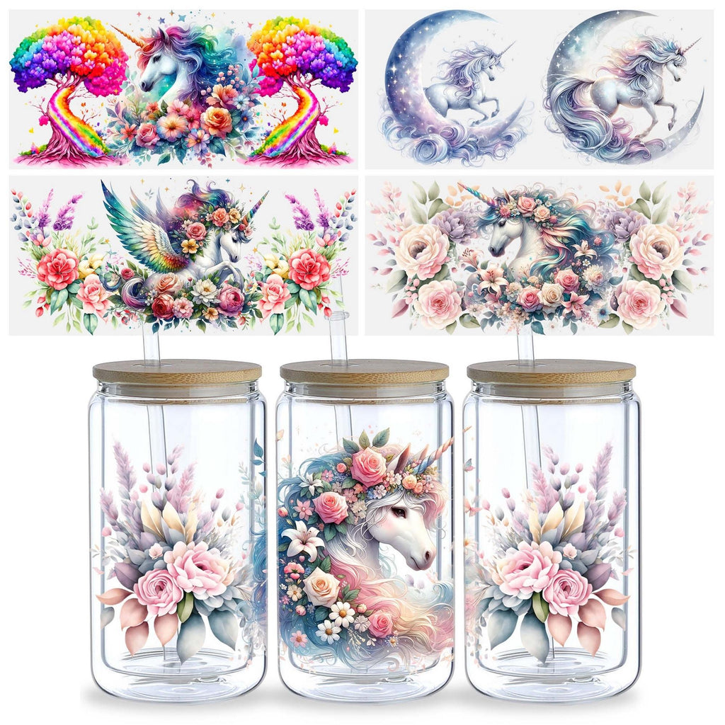 5 Sheets Unicorn UV DTF Cup Holder 16 oz, Beautiful Unicorn DTF Cup Holder Transfer Glass, Water Bottle Waterproof Sticker, Friction Transfer Sticker, Furniture Crafts
