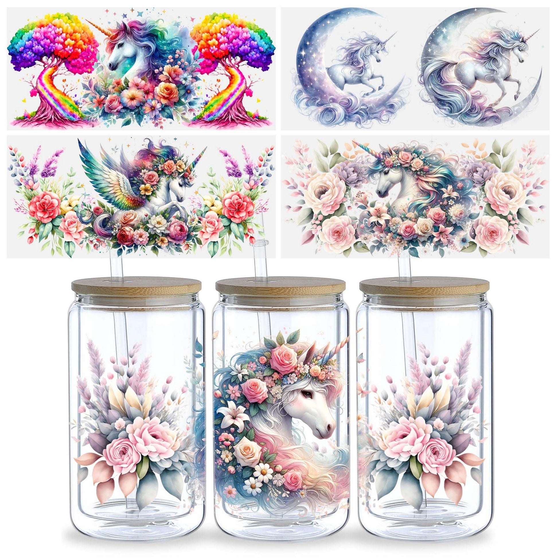 5 Sheets Unicorn UV DTF Cup Holder 16 oz, Beautiful Unicorn DTF Cup Holder Transfer Glass, Water Bottle Waterproof Sticker, Friction Transfer Sticker, Furniture Crafts
