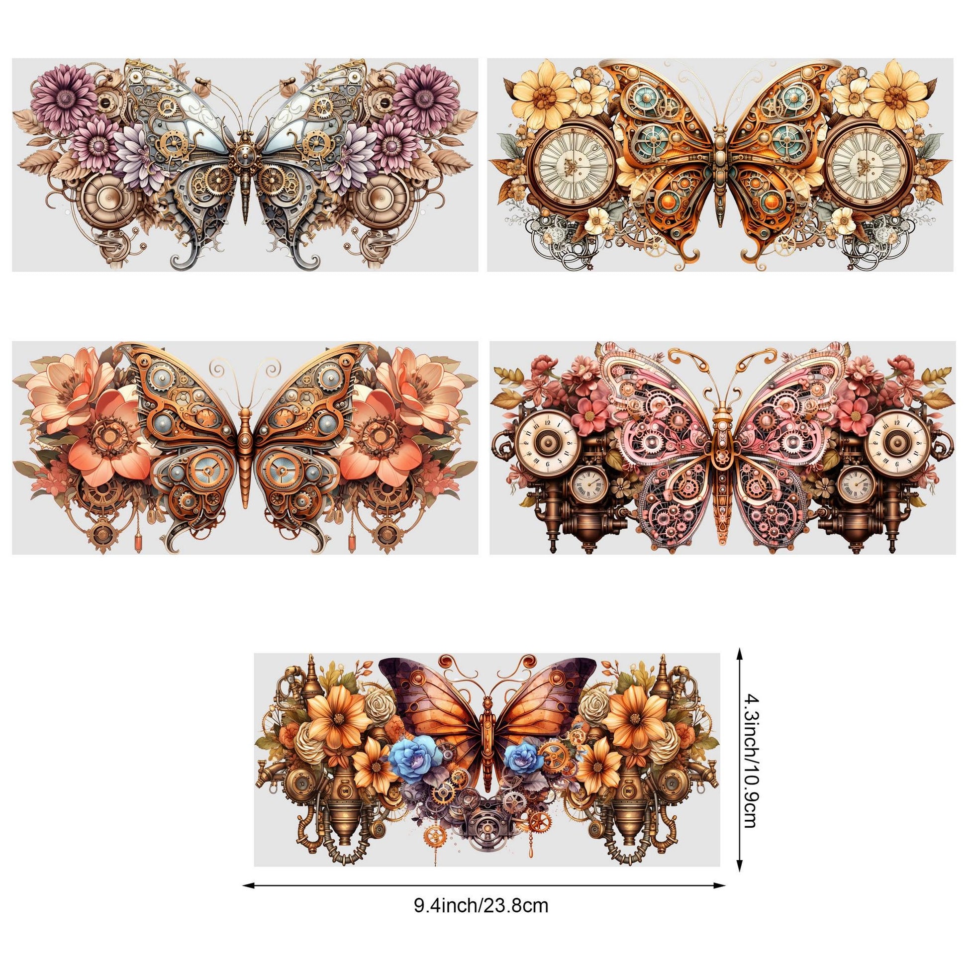 5 Sheets Steampunk UV DTF Cup Stickers 16 oz, DTF Friction Transfer Stickers, Waterproof Steampunk Butterfly, Dragon Stickers for DIY, Furniture, Crafts