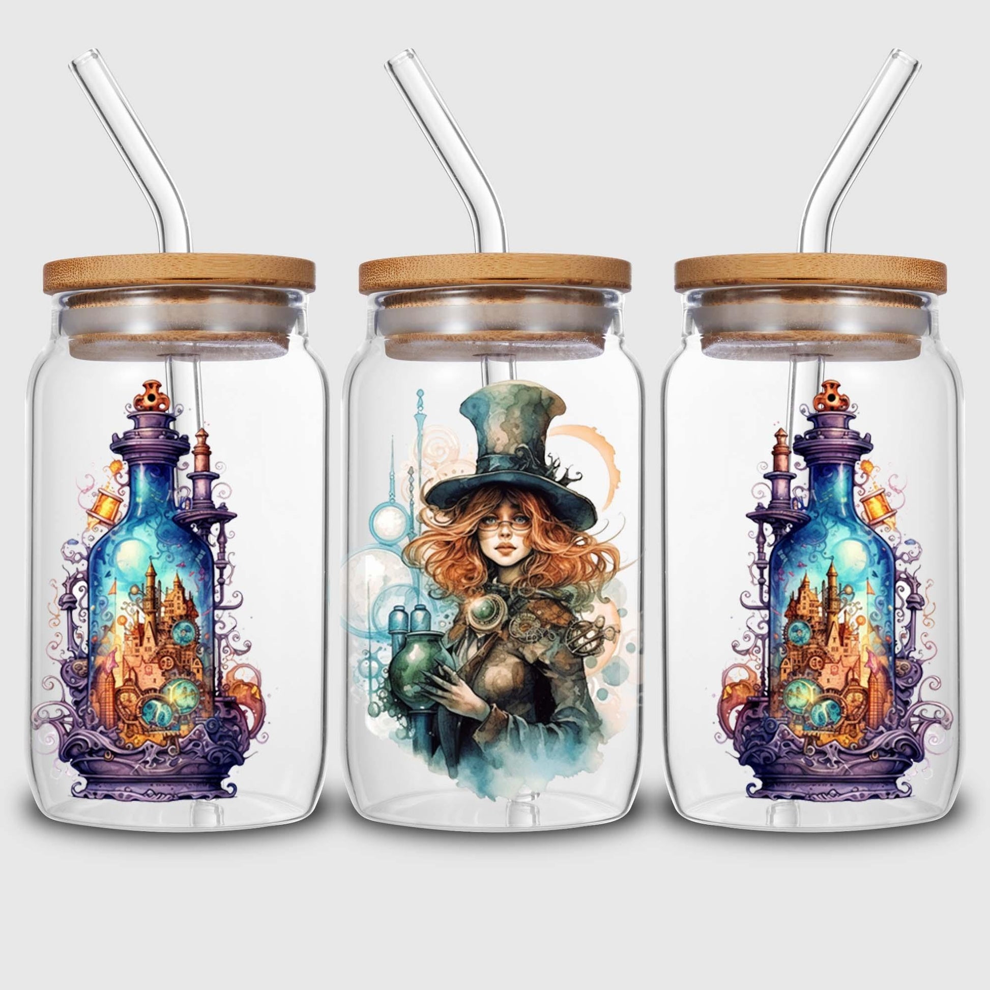 5 sheets steampunk of UV DTF cup holder 16 oz, DTF cup holder transfer glass, water bottle waterproof sticker, friction transfer sticker, DIY