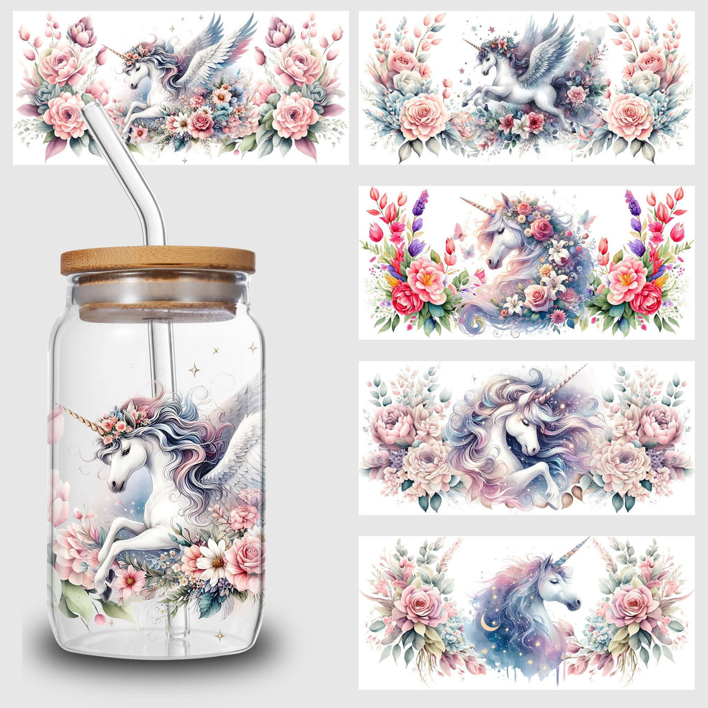 5 Sheets Unicorn UV DTF Cup Stickers, DTF Transfer Stickers, Beautiful Unicorn Waterproof Wipe-Off Transfer Paper for 16oz Glass, Mug, Crafts, Furniture