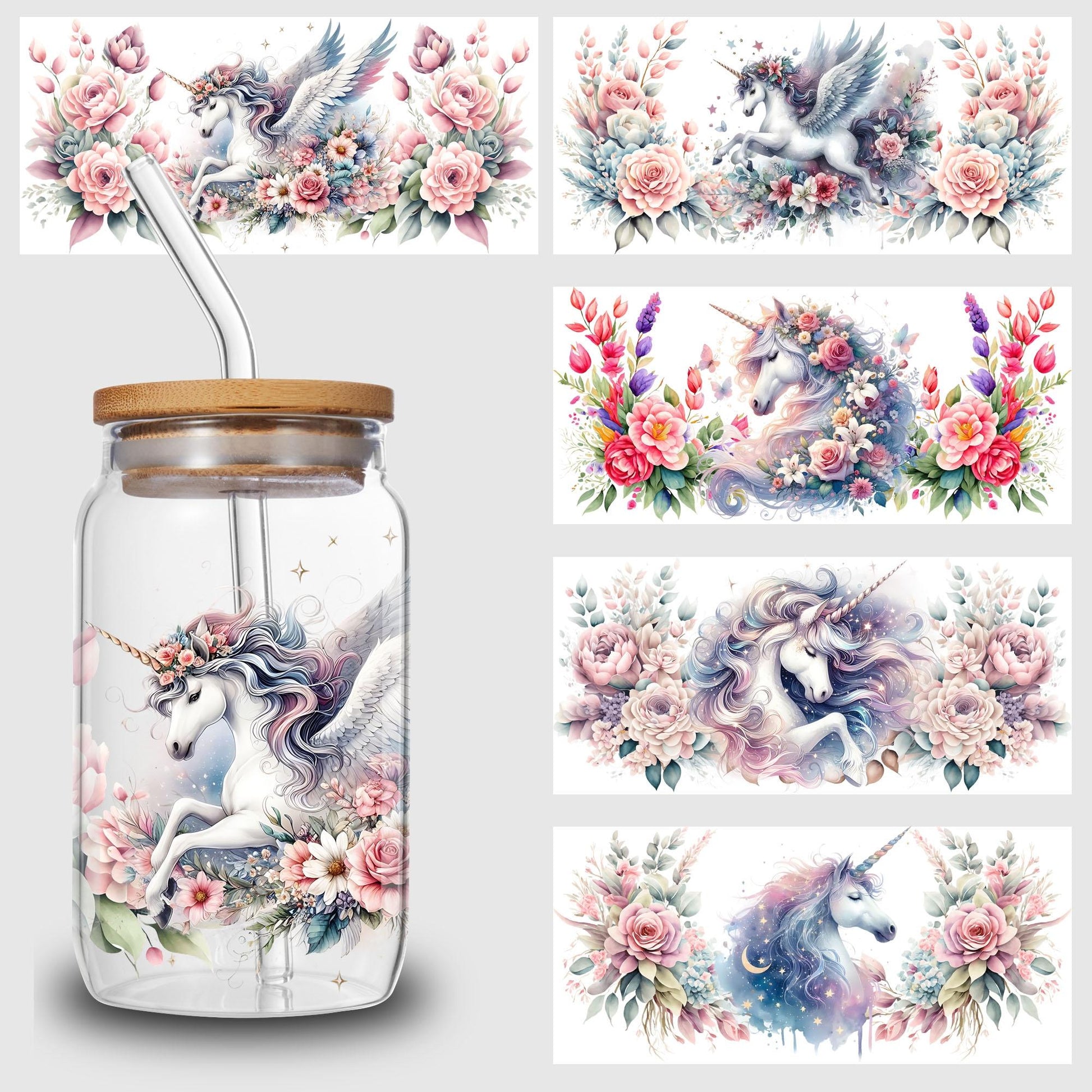 5 Sheets Unicorn UV DTF Cup Stickers, DTF Transfer Stickers, Beautiful Unicorn Waterproof Wipe-Off Transfer Paper for 16oz Glass, Mug, Crafts, Furniture