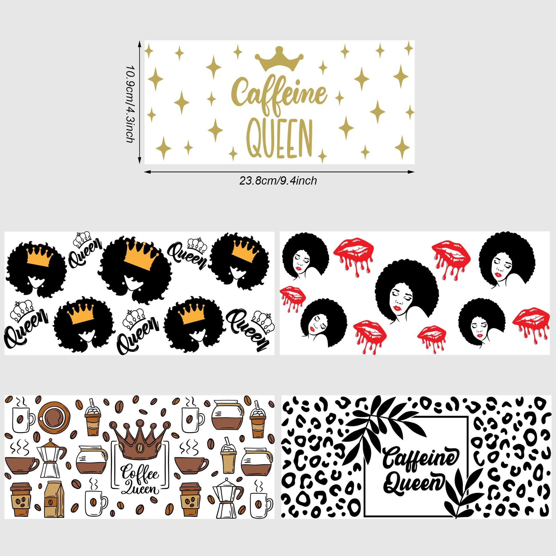 5 Sheets Black Queen UV DTF Cup Wrap,Sport DTF Transfer Stickers for Glass Cup,Waterproof Rub on Transfers for 16 oz Glass,Mugs,Crafts,Furnitures